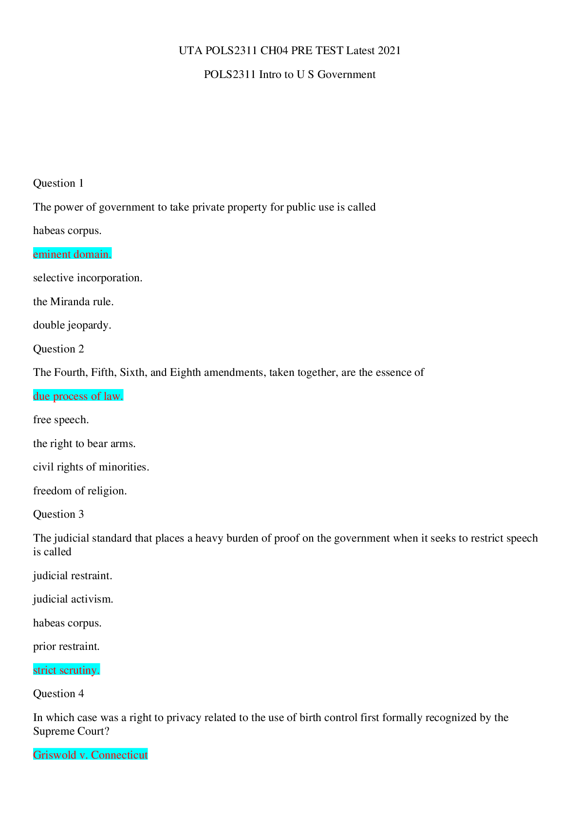 Preview image for UTA POLS2311 CH04 PRE TEST Latest 2021/UTA POLS2311 CH04 PRE TEST Latest 2021